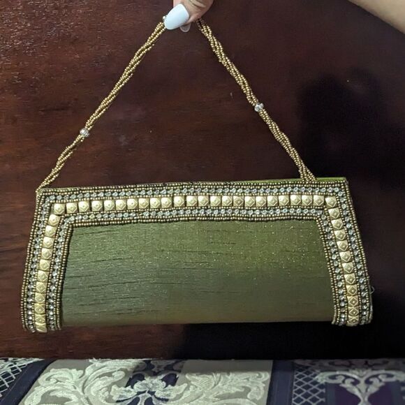 Party beaded stone work at army green clutch purse - Picture 1 of 5
